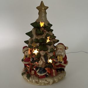 Vtg Opulence Lighted Christmas Tree Ceramic Santa Children Village Lit Stars 10”